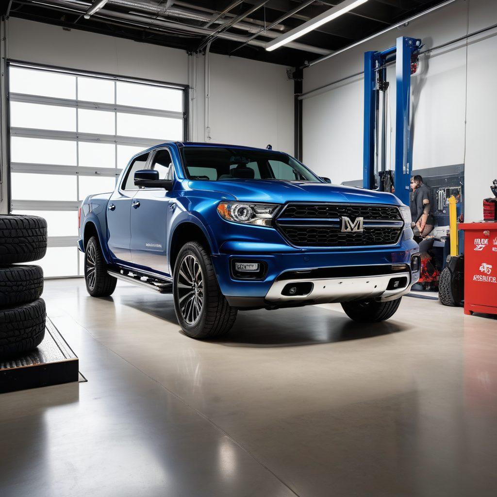 A modern garage setting showcasing a sleek car transitioning into a robust truck, highlighting a Mohawk Lift in the center with its features prominently displayed. Include tools and accessories arranged neatly in the background, creating an atmosphere of functionality and organization. The lighting should be bright and inviting, casting interesting shadows on the lift to emphasize its structure. The overall color scheme should be a blend of metallic blues and grays, reflecting an industrial yet stylish look. super-realistic. vibrant colors. white background.