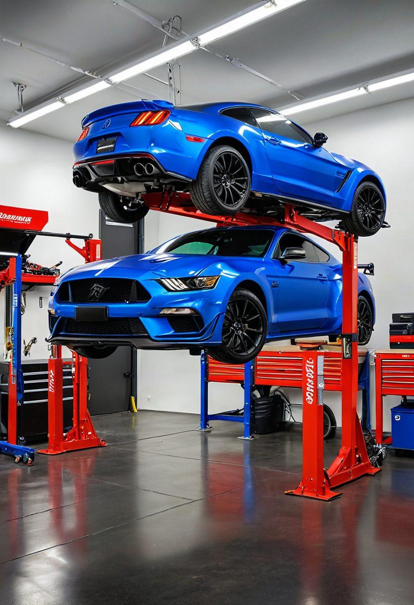 A sleek, modern garage featuring a variety of Mohawk vehicle lifts in action, highlighting their innovative design and functionality. Include tools and accessories neatly organized around the lifts for a professional look, with a car mid-lift demonstrating ease of use. The garage has bright, modern lighting and is styled with a contemporary aesthetic. super-realistic. vibrant colors. 3D.