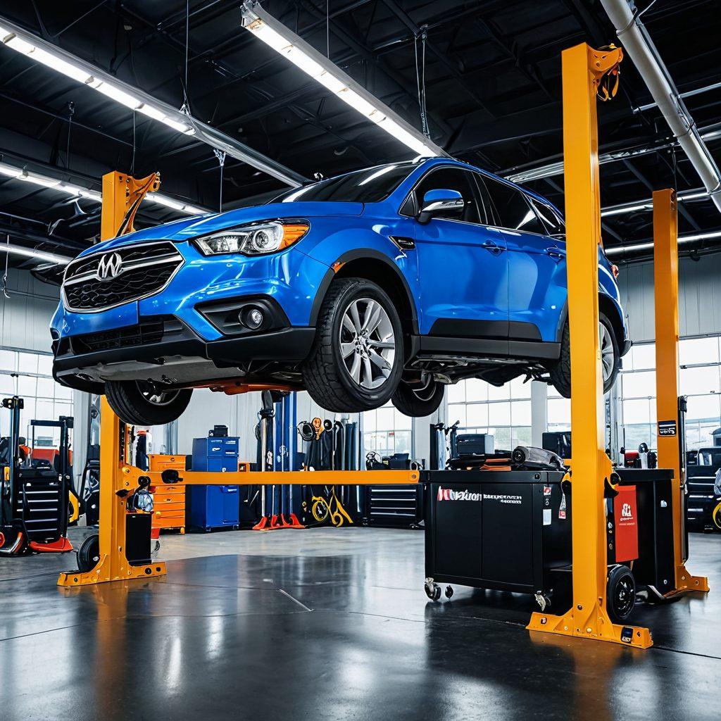A modern automotive workshop filled with Mohawk lifting solutions in action, showcasing vehicles elevated for repairs. Bright overhead lighting casts a clean and organized atmosphere, tools neatly arranged, and a technician focused on work. The scene conveys efficiency and professionalism, highlighting the benefits of such equipment. super-realistic. vibrant colors. industrial setting.